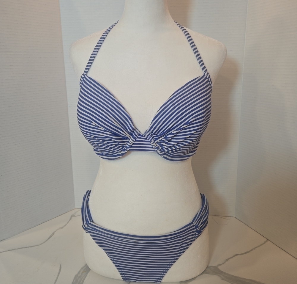 Aerie Nautical Striped Bikini Set Blue White Balconette Size 36D Bottoms Medium